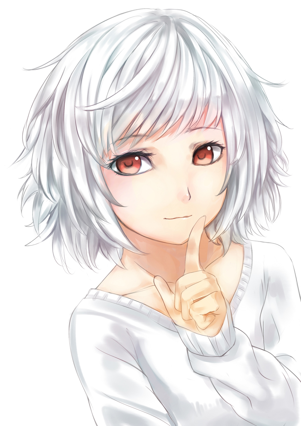 bad_id bad_pixiv_id collarbone devildogs finger_to_mouth highres light_smile looking_at_viewer original red_eyes short_hair silver_hair solo white_background