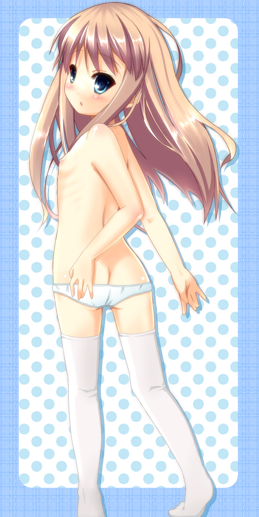 blue_eyes blush brown_hair copyright_request flat_chest karaage3 long_hair looking_back panties solo thighhighs topless underwear