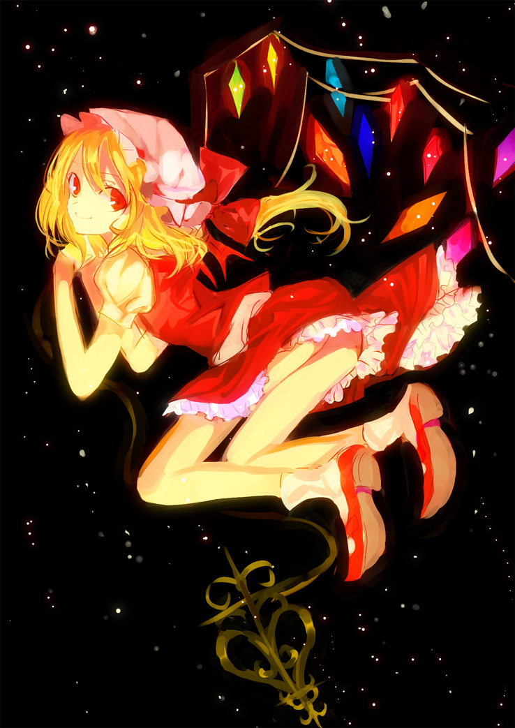 bad_id bad_pixiv_id blonde_hair dress flandre_scarlet frills hat kol49 laevatein red_eyes shoes side_ponytail solo touhou wings