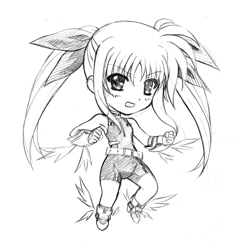 angry armor armpits bangs bare_shoulders belt big_head blush buckle chibi clenched_hands collar fate_testarossa fighting_stance flat_chest full_body gauntlets greaves greyscale hair_ribbon halterneck long_hair looking_at_viewer loose_belt lyrical_nanoha magical_girl mahou_shoujo_lyrical_nanoha mahou_shoujo_lyrical_nanoha_a's mahou_shoujo_lyrical_nanoha_the_movie_2nd_a's monochrome nigemakuri open_mouth parted_bangs ribbon sidelocks simple_background sketch solo turtleneck twintails unitard very_long_hair wings