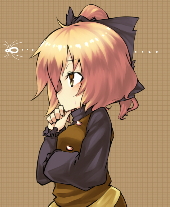 bad_id bad_pixiv_id blonde_hair blush bow bug chin_rest hair_bow hati105 kurodani_yamame short_hair solo spider sweatdrop thinking touhou yellow_eyes