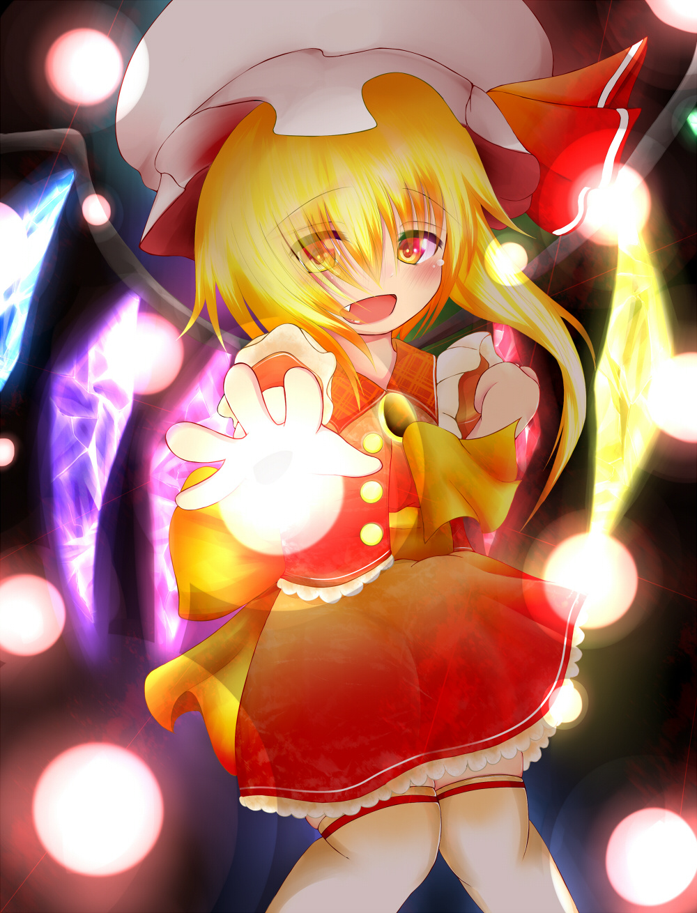 1girl blonde_hair blush crystal dress fang female flandre_scarlet foreshortening goes32 hat highres red_eyes smile solo thighhighs touhou wings