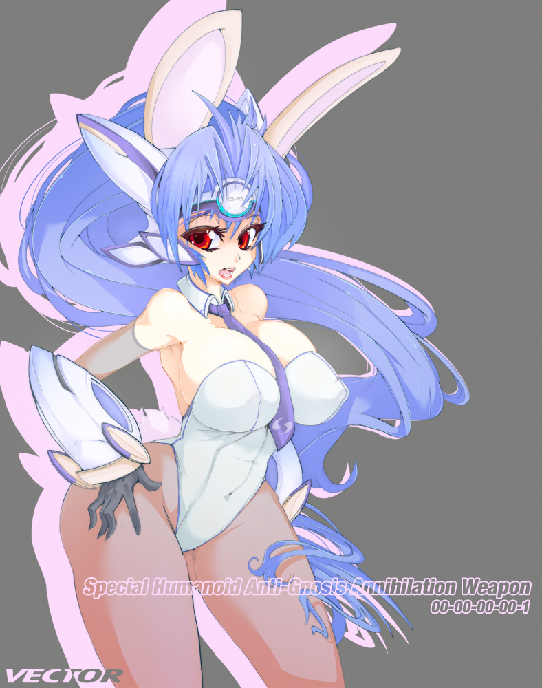 1girl android animal_ears armor bare_shoulders blue_hair breasts bunny_ears bunnysuit circlet cleavage curvy english erect_nipples fake_animal_ears gloves hips huge_breasts kos-mos long_hair navel necktie open_mouth pantyhose ponytail red_eyes robot_ears simple_background slugbox solo very_long_hair wide_hips xenosaga