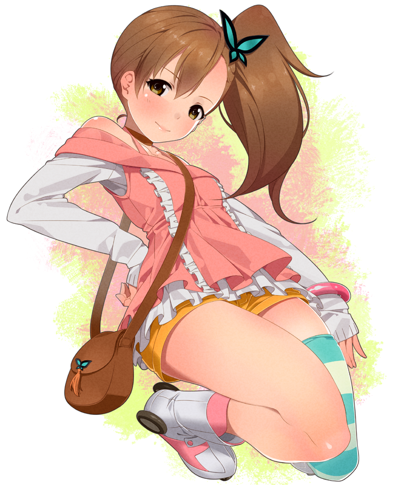 ama_mitsuki bag bare_shoulders blush brown_hair butterfly_hair_ornament chousoku_henkei_gyrozetter collarbone hair_ornament inaba_rinne looking_at_viewer roller_skates short_shorts shorts single_thighhigh skates smile solo striped striped_legwear thighhighs thighs yellow_eyes