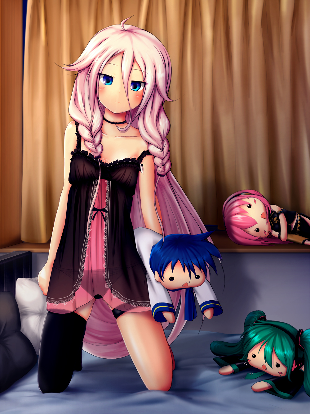 ahoge bare_shoulders basa_rutan bed blue_eyes braid camisole character_doll hair_over_shoulder hatsune_miku highres ia_(vocaloid) kaito lingerie long_hair looking_at_viewer megurine_luka panties pink_hair see-through single_thighhigh solo stuffed_toy thighhighs twin_braids underwear very_long_hair vocaloid