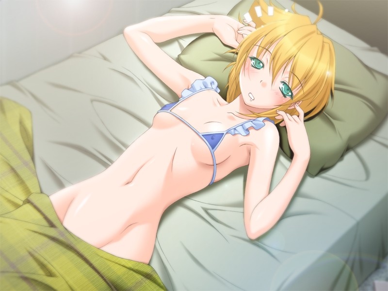 1girl bed blonde_hair blue_bra blush bottomless bra game_cg indoors kazuma_muramasa lingerie mikage_shana no_panties seiai_gakuen_fechi_ka solo underwear