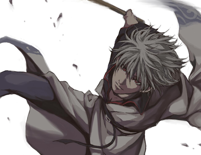 action akagi_soushi belt black_pants black_shirt bokken closed_mouth debris dutch_angle feet_out_of_frame gintama hadanugi_dousa holding holding_sword holding_weapon long_sleeves looking_at_viewer male_focus motion_blur outstretched_arms pants red_eyes sakata_gintoki shirt silver_hair solo sword weapon wooden_sword