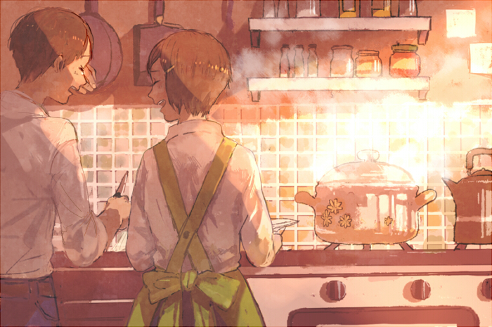 1girl apron bad_id bad_pixiv_id black_hair boiling bottle brother_and_sister brown_hair closed_eyes collared_shirt commentary_request cooking from_behind frying_pan glass green_apron hair_ornament hairclip happy holding holding_knife indoors jar kettle kitchen kitchen_knife knife laughing long_sleeves open_mouth original oven pon_(cielo) pot shirt short_hair siblings skirt sleeves_rolled_up smile spice_rack steam stove tears tile_wall tiles upper_body white_shirt