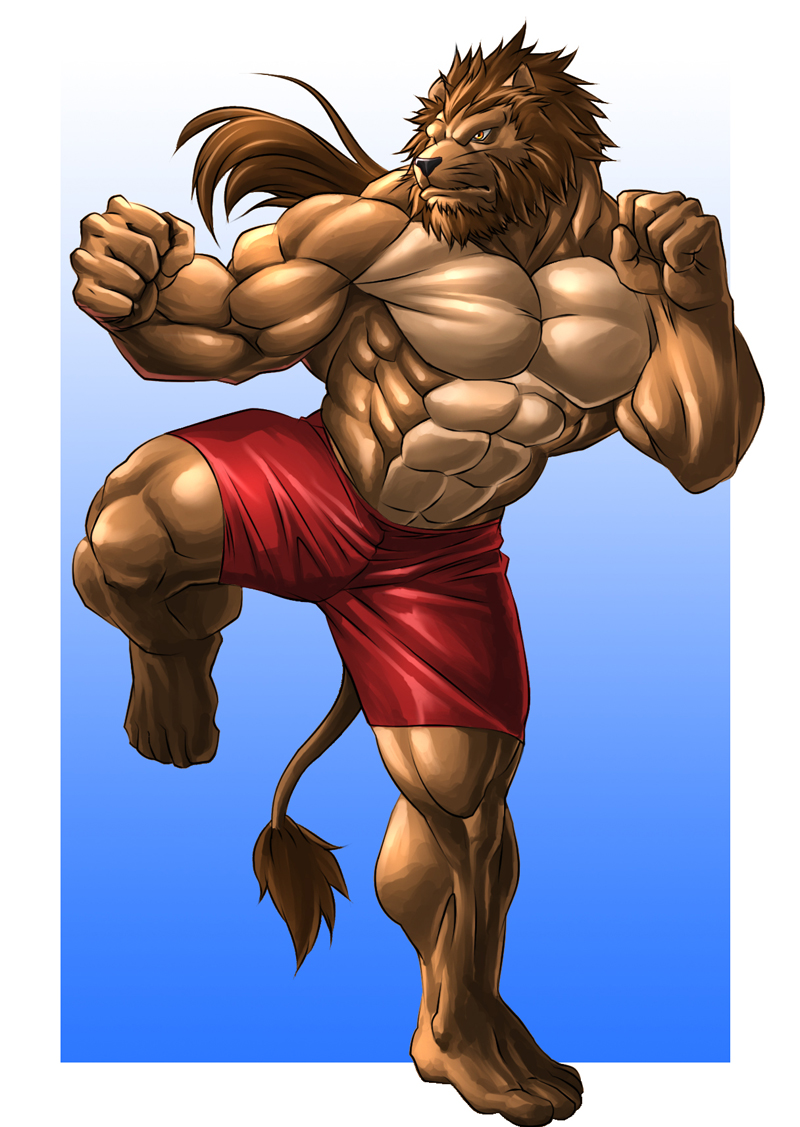 amber_eyes anthro biceps big_muscles blue_background brown_fur brown_hair clothed clothing echin feline fighter fighting_stance flexing fur hair half-dressed lion male mammal muscles orange_eyes pecs plain_background pose shorts solo toned topless unknown_artist whiskers