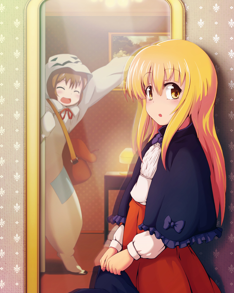 :d :o ^_^ bad_id bad_pixiv_id bag blonde_hair blush bow brown_hair capelet closed_eyes costume hat hat_removed headwear_removed holding holding_hat lamp long_hair mesou-san mirror multiple_girls open_mouth original portrait_(object) reflection short_hair smile standing yellow_eyes