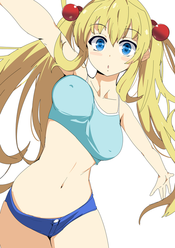 amatsuka_rikka baby_princess blonde_hair blue_eyes breasts hair_bobbles hair_ornament kusaka_souji long_hair medium_breasts midriff navel outstretched_arms short_shorts shorts simple_background solo twintails white_background