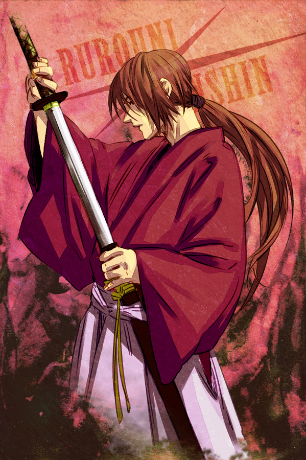 bad_id bad_pixiv_id brown_hair hakama himura_kenshin japanese_clothes katana kimono long_hair male_focus ponytail red_hair rurouni_kenshin samurai scar sheath solo sword tactician_jin unsheathing weapon