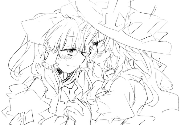 bad_id bad_pixiv_id blush couple eye_contact greyscale hair_tubes hakurei_reimu hat holding_hands kirisame_marisa looking_at_another lovestruck monochrome multiple_girls poprication simple_background sketch smile touhou white_background witch_hat yuri