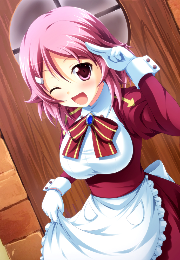 ;d apron blush door gloves juliet_sleeves lisbeth long_sleeves looking_at_viewer one_eye_closed open_mouth pink_eyes pink_hair puffy_sleeves short_hair smile solo sword_art_online tsuda_akira waist_apron white_gloves window