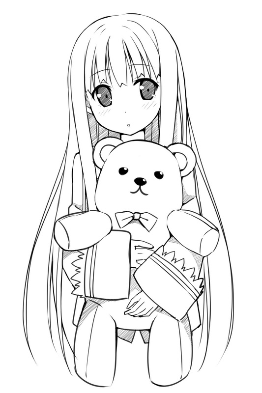 doll_hug greyscale kami-sama_no_memo-chou lineart long_hair monochrome pajamas shionji_yuuko sky_(freedom) stuffed_animal stuffed_toy teddy_bear