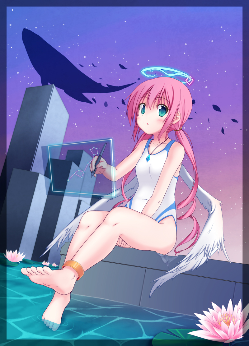 anklet barefoot blush drawing feet fish flower flying_whale green_eyes halo holographic_interface holographic_monitor jewelry lily_pad long_hair night night_sky one-piece_swimsuit original pen pendant pink_hair sitting sky soaking_feet solo star swimsuit twintails utsurogi_akira water whale wings