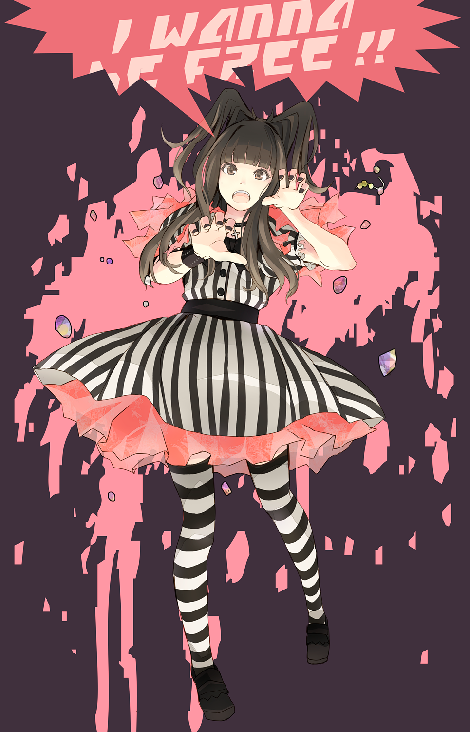 :o bad_id bad_pixiv_id bangs black_footwear black_hair black_nails blunt_bangs bracelet brown_eyes claw_pose dress english fashion_monster frilled_sleeves frills full_body highres jewelry kyary_pamyu_pamyu long_hair looking_at_viewer nail_polish shoes solo striped striped_legwear thighhighs two_side_up upper_teeth vertical-striped_dress vertical_stripes yoshito