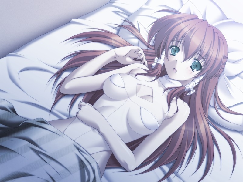 bed bed_sheet blush brown_hair cosplay_fetish_academy feet green_eyes long_hair mikage_yuuki seiai_gakuen_fechi_ka sleeping