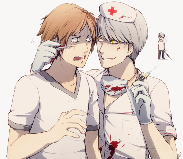 alternate_costume blood brown_hair dual_persona evil_grin evil_smile gloves grey_hair grin hanamura_yousuke hat male_focus multiple_boys mushisotisis narukami_yuu nurse nurse_cap persona persona_4 scalpel scared shaded_face signature simple_background smile sword tears weapon white_background yellow_eyes