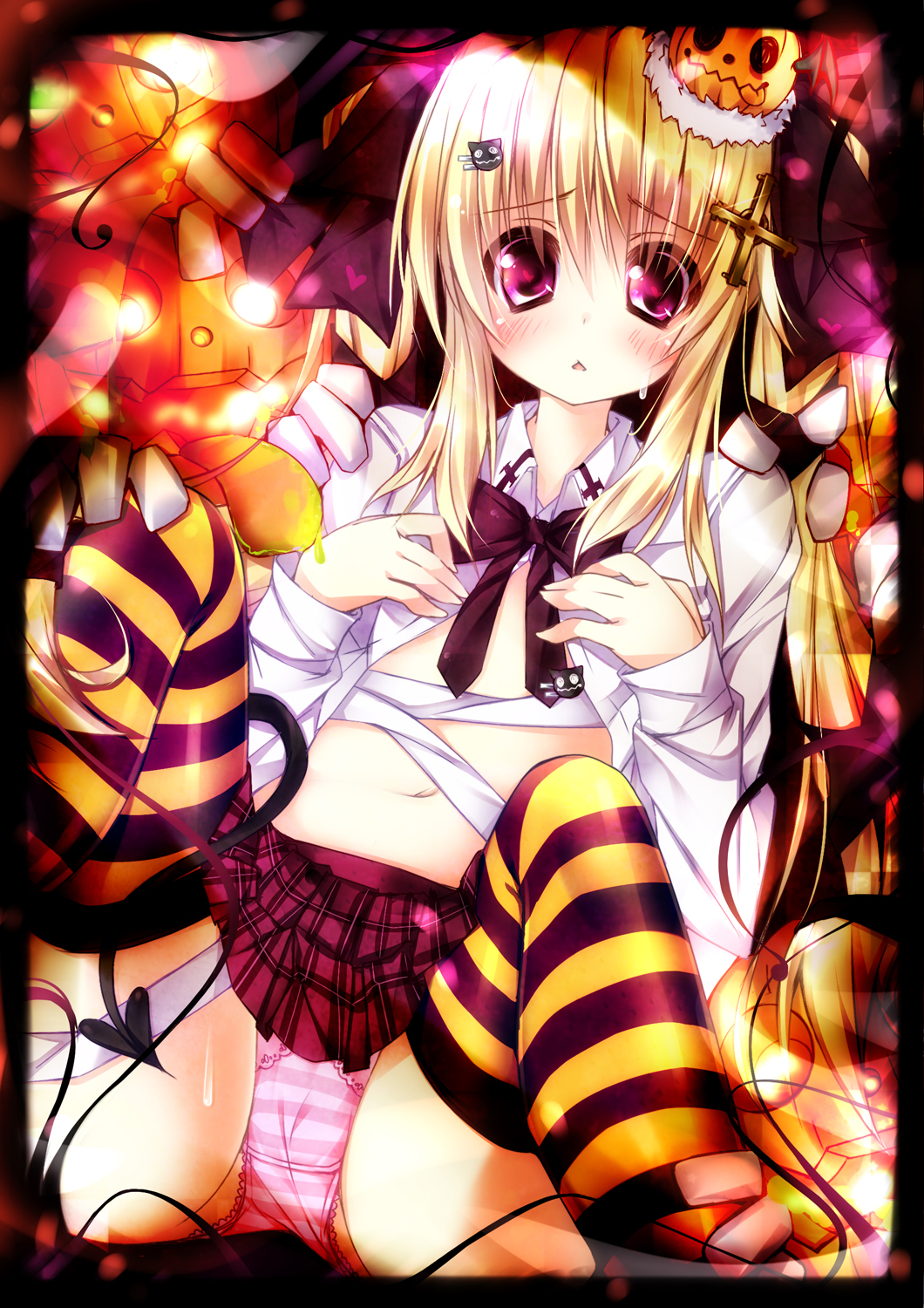 :&lt; bandages blonde_hair blush bow cat checkered checkered_skirt chestnut_mouth cross demon_tail flat_chest hair_ornament hairclip halloween highres jack-o'-lantern midriff navel ooji_cha open_clothes open_shirt original panties pink_eyes pink_panties shirt sitting skirt solo spread_legs striped striped_legwear tail thighhighs underwear