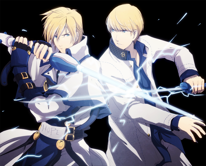 black_background blonde_hair blue_eyes company_connection english guilty_gear ky_kiske male_focus multiple_boys mushisotisis narukami_yuu persona persona_4 persona_4:_the_ultimate_in_mayonaka_arena sword weapon