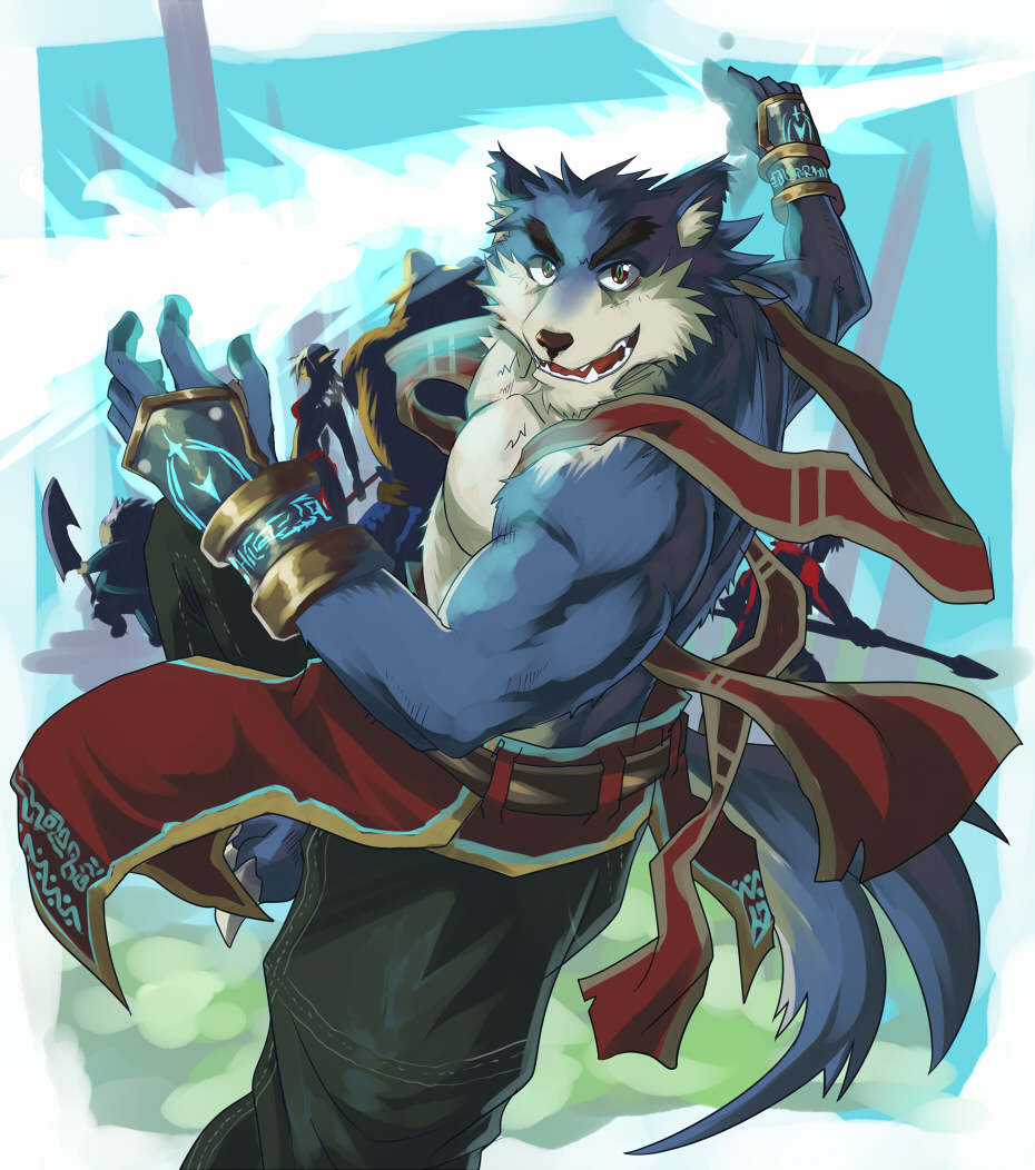 abs action_pose anthro belt biceps big_muscles blue_fur canine claws clothing fangs fantasy female fur gloves green_eyes hair magic male mammal metal muscles pants pecs pose red_eyes solo toe_claws topless warrior weapon white_fur wolf