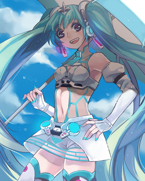 bad_id bad_pixiv_id boots cloud day detached_sleeves goodsmile_company goodsmile_racing hand_on_hip hatsune_miku iaki_mochiko long_hair nail_polish navel open_mouth race_queen racing_miku racing_miku_(2012) see-through skirt sky solo thigh_boots thighhighs twintails umbrella very_long_hair vocaloid
