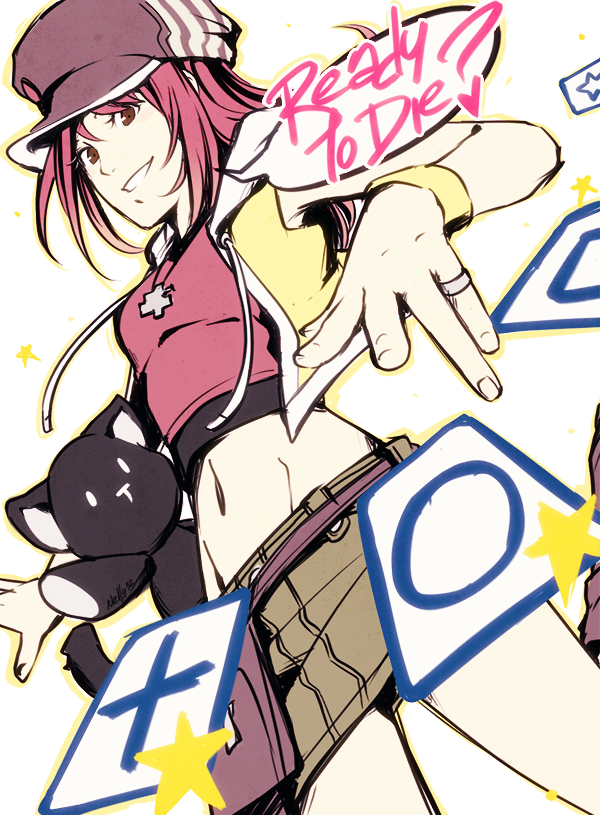 bare_legs belt_pouch breasts brown_eyes brown_hat brown_skirt cowboy_shot crop_top cum drawstring dutch_angle english from_below hat jewelry legs_apart long_hair looking_at_viewer looking_down medium_breasts midriff miniskirt misaki_shiki mr._mew mushisotisis navel open_clothes open_vest parted_lips pendant pouch red_hair ring simple_background skirt sleeveless smile standing star stomach subarashiki_kono_sekai sweatband teeth vest white_background yellow_vest