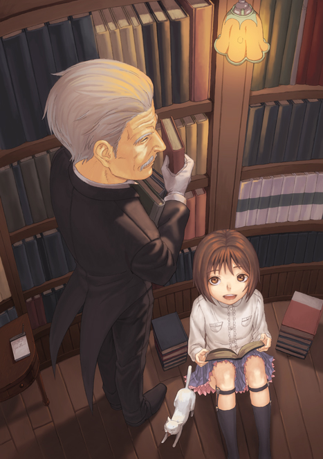 1girl book bookshelf brown_eyes brown_hair butler cat glasses grey_hair old open_mouth original short_hair sitting skirt smile socks suiact