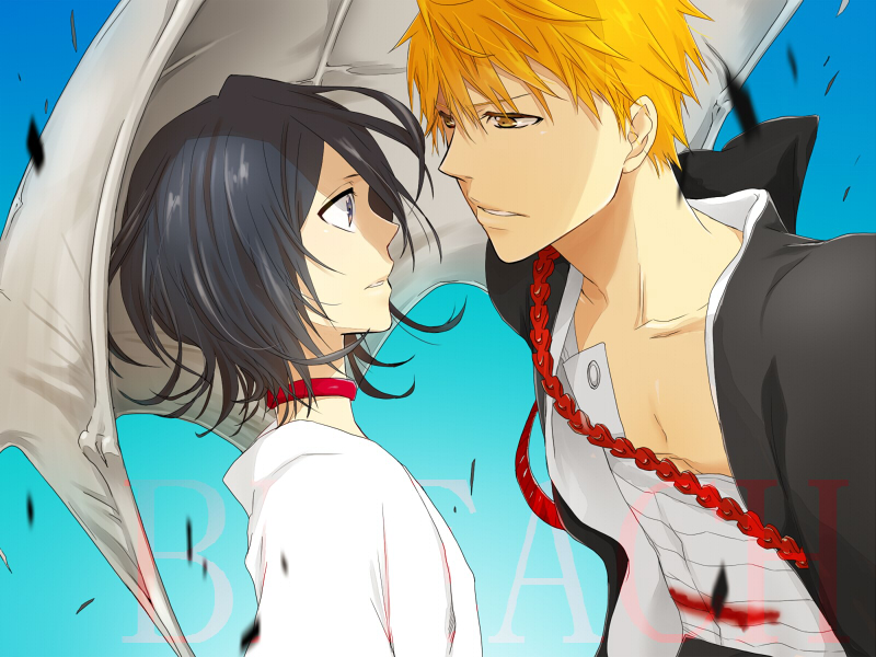 1girl 3_(200870239) bandages black_hair bleach blonde_hair blood choker face-to-face japanese_clothes kuchiki_rukia kurosaki_ichigo orange_hair parted_lips profile short_hair yellow_eyes