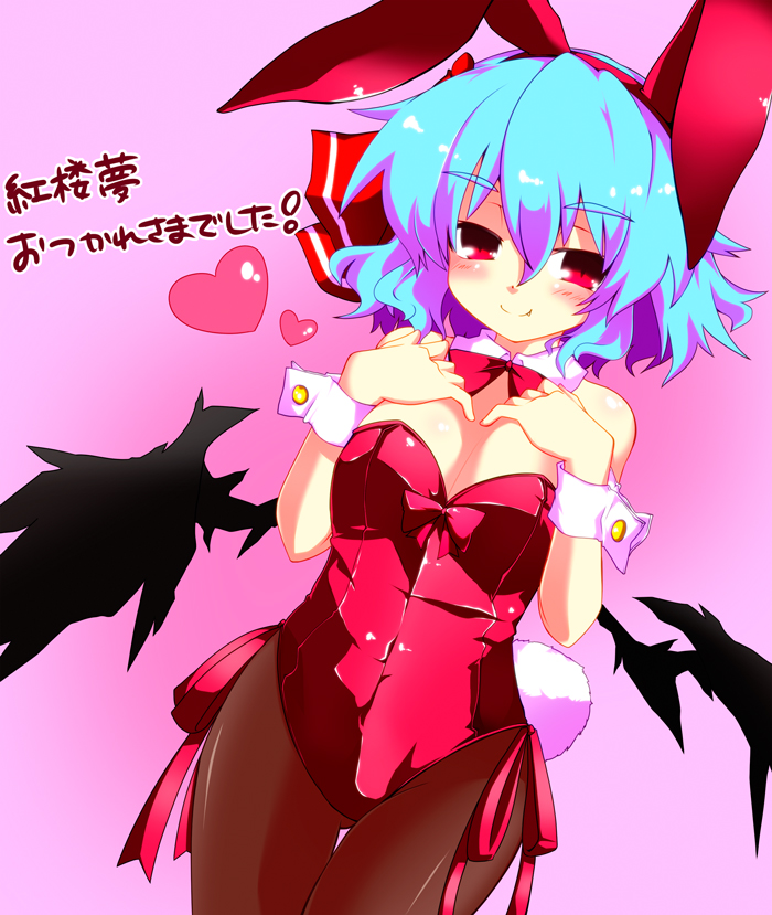 animal_ears bare_shoulders bat_wings black_legwear blue_hair blush bunny_ears bunny_tail bunnysuit detached_collar fang gin_(shioyude) heart leotard looking_at_viewer pantyhose red_eyes red_leotard remilia_scarlet revision ribbon shiny shiny_clothes smile solo tail touhou translated wings wrist_cuffs