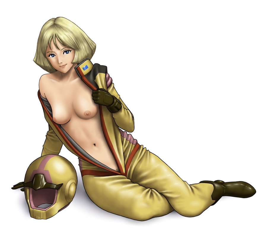 arm_support blonde_hair blue_eyes boots breasts gloves gundam headwear_removed helmet helmet_removed irotsuya jumpsuit lips looking_at_viewer lying medium_breasts mobile_suit_gundam navel nipples off_shoulder on_side pubic_hair sayla_mass short_hair smile solo