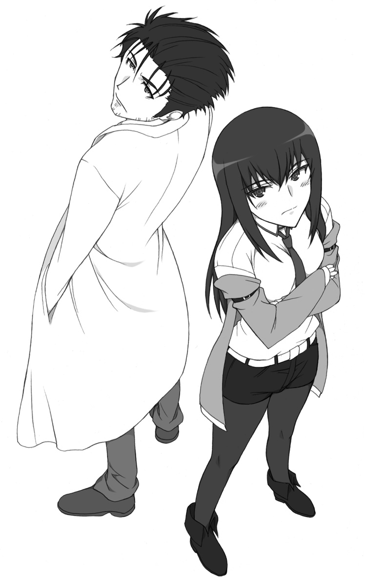 1girl crossed_arms facial_hair from_above greyscale hands_in_pockets highres jacket labcoat legwear_under_shorts makise_kurisu monochrome necktie okabe_rintarou pantyhose shichimenchou short_hair shorts simple_background steins;gate stubble white_background