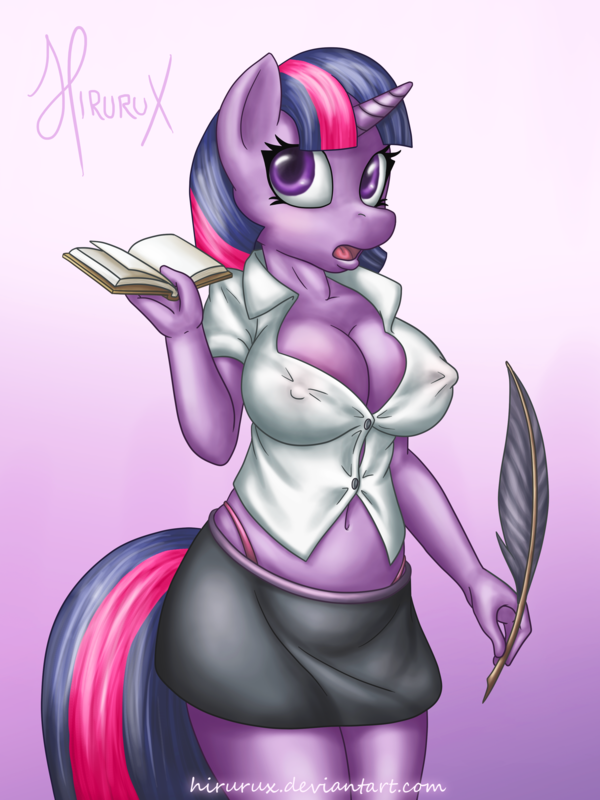 anthro anthrofied big_breasts book breasts clothed clothing equine female friendship_is_magic hair hirurux horn invalid_tag mammal mane my_little_pony navel nipples open_mouth pen quill shirt skimpy skirt solo twilight_sparkle_(mlp) unicorn