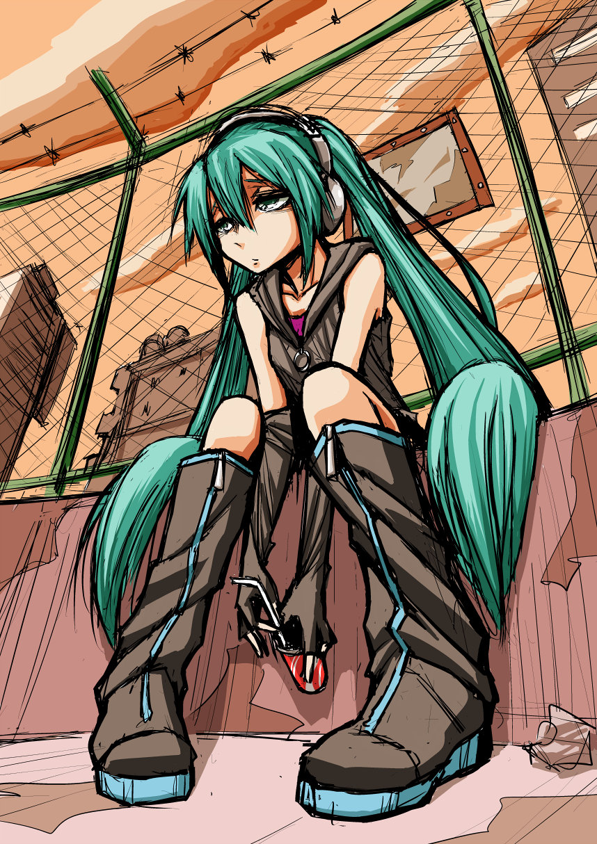 bad_id bad_pixiv_id barbed_wire boots chain-link_fence elbow_gloves fence fingerless_gloves gloves green_eyes green_hair hatsune_miku headphones highres knee_boots long_hair nukarumi_noren sitting solo twintails very_long_hair vocaloid