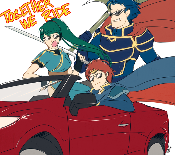 2boys armor axe breasts bubble_blowing car chewing_gum convertible eliwood_(fire_emblem) fingerless_gloves fire_emblem fire_emblem:_rekka_no_ken gloves ground_vehicle hector_(fire_emblem) high_ponytail kamina_shades long_hair lyndis_(fire_emblem) medium_breasts motor_vehicle multiple_boys mushisotisis ponytail smile sunglasses sword weapon