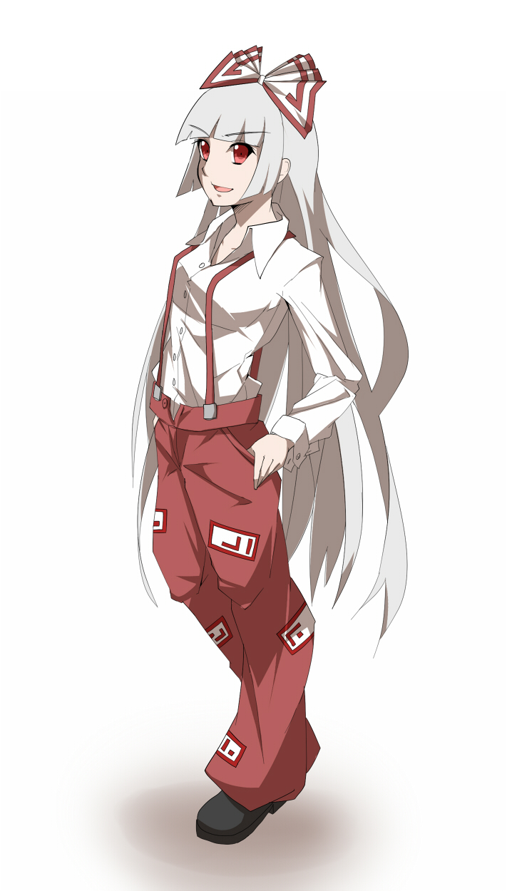 bow breasts fujiwara_no_mokou full_body grey_hair hair_bow hair_ornament hands_in_pockets highres hiro_(pqtks113) long_hair looking_at_viewer medium_breasts open_mouth red_eyes shadow shoes simple_background smile solo suspenders touhou very_long_hair white_background
