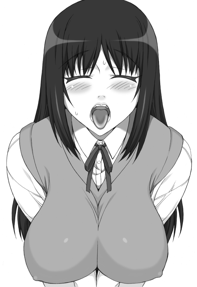 blush breasts closed_eyes covered_nipples greyscale highres kurusugawa_ayaka large_breasts long_hair long_sleeves monochrome open_mouth school_uniform shichimenchou solo sweater_vest to_heart tongue tongue_out upper_body