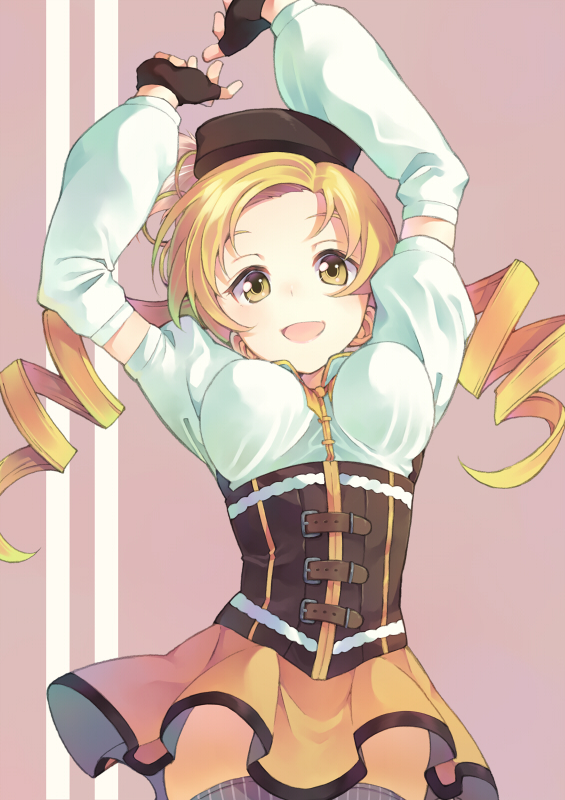:d arms_up blonde_hair corset detached_sleeves dress drill_hair fingerless_gloves gloves hair_ornament long_hair magical_girl mahou_shoujo_madoka_magica open_mouth puffy_sleeves smile solo t-okada thighhighs tomoe_mami twin_drills twintails yellow_eyes