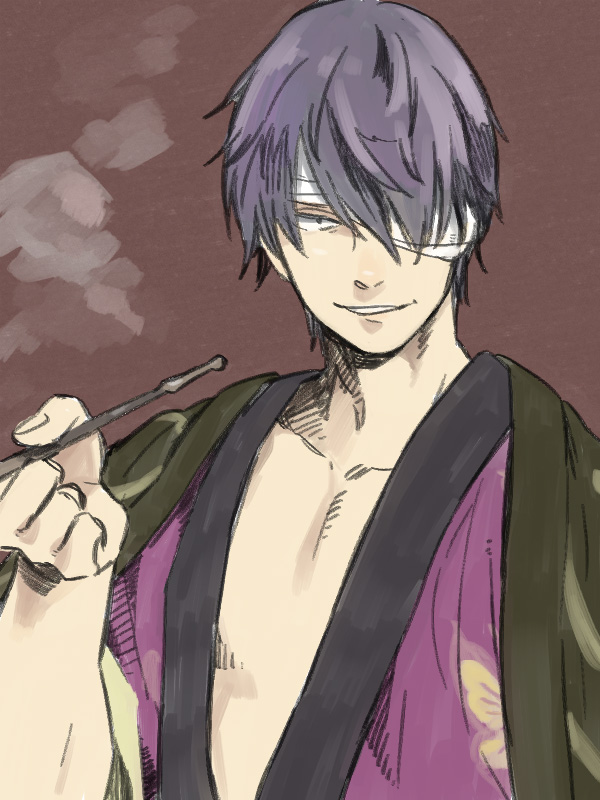 bandage_over_one_eye gintama japanese_clothes kiseru male_focus nirok pipe purple_hair smoke solo takasugi_shinsuke