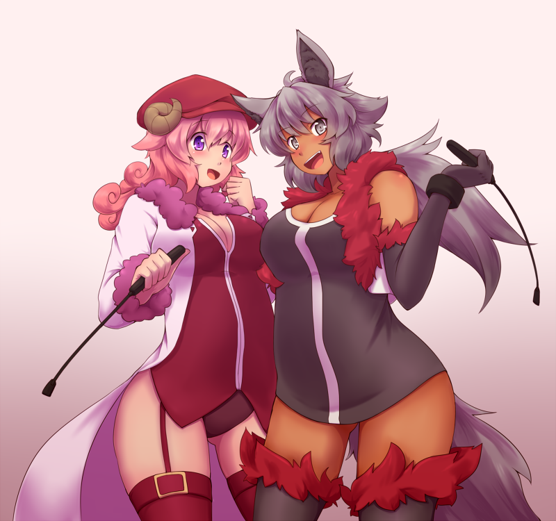 animal_ears breasts cleavage garter_straps grey_eyes grey_hair haimiya_eren horn kuromiya kuzakura_mika large_breasts long_hair multiple_girls original pink_hair purple_eyes riding_crop thighhighs