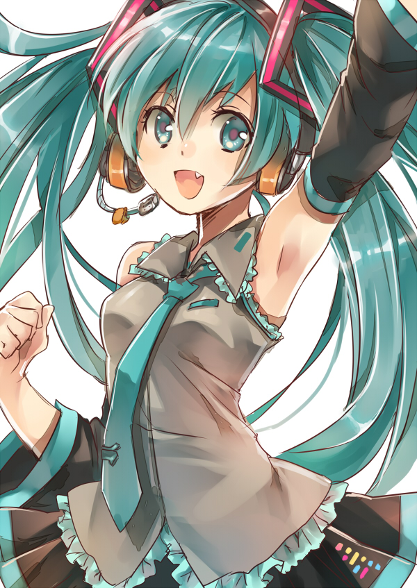 :d aqua_eyes aqua_hair arm_up armpits detached_sleeves fang hair_ornament hatsune_miku headset long_hair necktie open_mouth skirt smile solo twintails very_long_hair vocaloid white_background yunomachi