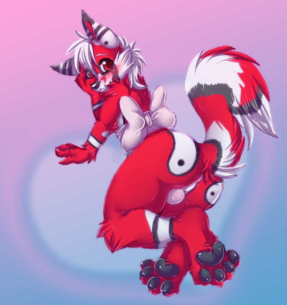 anthro anus black_fur black_nose blush butt canine cute digitigrade dog fur hair hindpaw inuki looking_at_viewer looking_back male mammal nude pawpads paws perineum plain_background presenting presenting_hindquarters raised_tail red_eyes red_fur soles solo toes white_fur white_hair