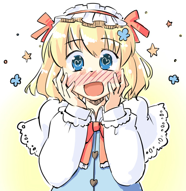 alice_margatroid arnest blonde_hair blue_eyes blush capelet full-face_blush hairband hands_on_own_cheeks hands_on_own_face heart heart-shaped_pupils open_mouth short_hair solo symbol-shaped_pupils touhou