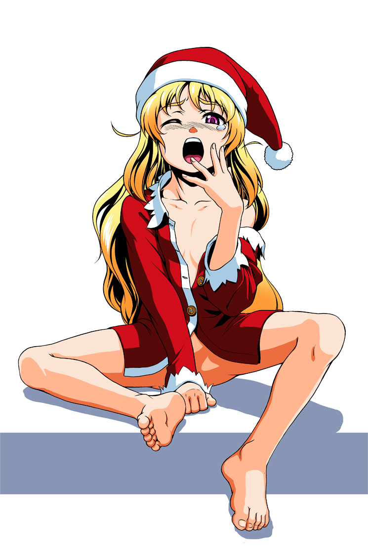 barefoot blonde_hair bottomless censored convenient_censoring feet hand_to_own_mouth hat long_hair no_panties off_shoulder open_clothes open_mouth open_shirt original pink_eyes santa_costume santa_hat semine shirt sitting soles solo spread_legs tears toes unbuttoned wince yawning