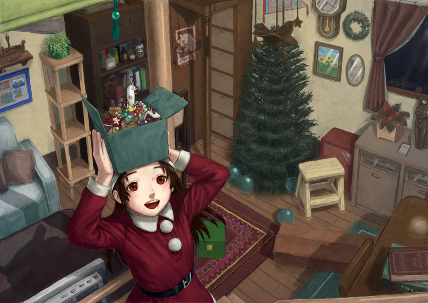 belt book box brown_hair chair long_hair open_mouth original plant red_eyes shelf smile solo statue suiact table tree