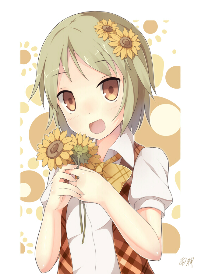 :d bad_id bad_pixiv_id blush flower green_hair hair_flower hair_ornament holding kazami_yuuka looking_at_viewer open_mouth plaid red_eyes samegami short_hair smile solo sunflower touhou