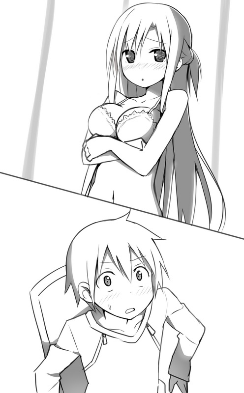 1girl :o asuna_(sao) bare_shoulders blush bra breasts cleavage crossed_arms greyscale kirito lace lace-trimmed_bra large_breasts lineart long_hair looking_at_viewer monochrome navel sky_(freedom) sweatdrop sword_art_online underwear