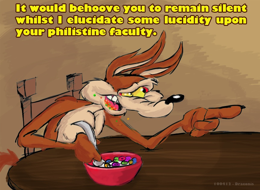 bowl brown_fur canine cereal cereal_guy coyote draconis0868 eating english_text food fur looney_tunes male mammal solo spoon table text warner_brothers wile_e._coyote