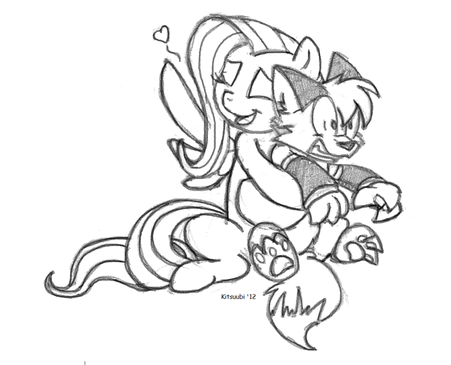 bigger_version_at_the_source canine equine female feral fluttershy_(mlp) fox friendship_is_magic horse hug male mammal my_little_pony pegasus plain_background pony sketch thekitsuubi wings